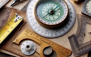 A collection of odd measurement tools including versions of a compass, a ruler, a protractor, etc.