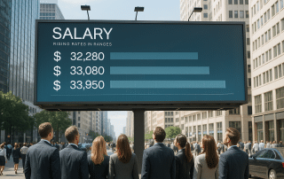 An image of a billboard above a street full of pedestrians in business attire. The pedestrians are looking up at the sign, which has various salary figures in a bar chart.