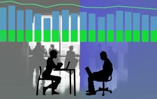 A graphic image showing a slight reduction in salary adjustments for 2025 and 2026. Two silhouetted workers are superimposed in front of a bar chart showing an approximation of the trendline.